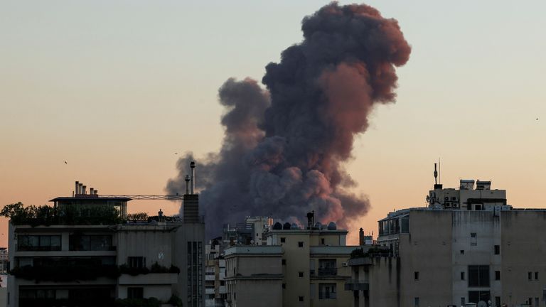 Smoke rises after multiple Israeli strikes in Beirut. Pic: Reuters