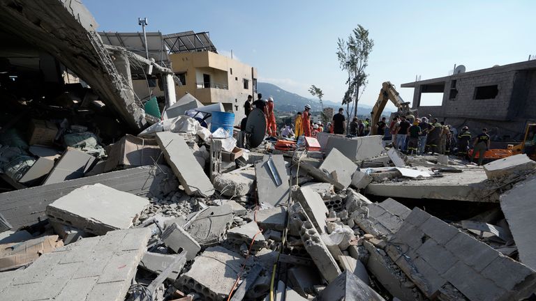 The scene of an Israeli airstrike in the town of Maisara, north of Beirut. Pic: AP