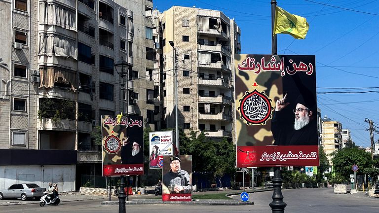 Posters of Hassan Nasrallah on the streets of Beirut on Sunday. Pic: Reuters