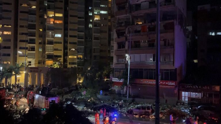 The scene after an apparent Israeli airstrike in Beirut's city centre. Pic: AP