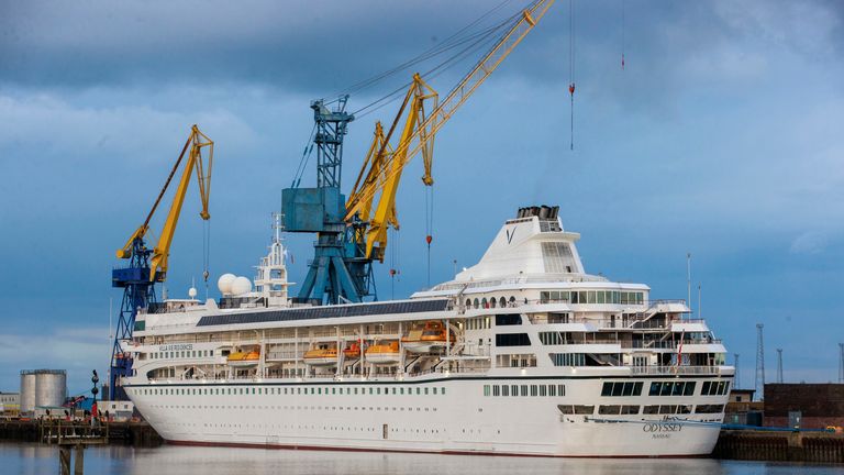 Villa Vie Odyssey cruise ship at Belfast Port. Luxury cruise passengers who have been marooned in Belfast for four months are hoping to hit the seas this week. Picture date: Saturday September 28, 2024. Pic: PA 