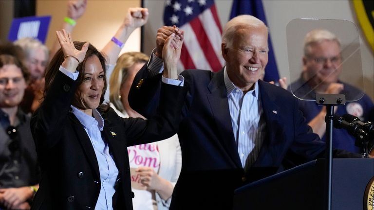 Democratic presidential nominee Vice President Kamala Harris and President Joe Biden arrive at a campaign event at the IBEW Local Union #5 union hall in Pittsburgh, on Labor Day, Monday, Sept. 2, 2024. (AP Photo/Jacquelyn Martin)