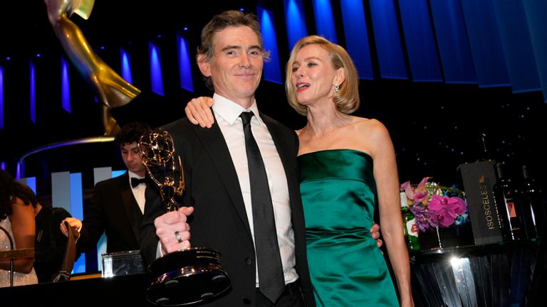 Billy Crudup, left, winner of the award for outstanding supporting actor in a drama series for "The Morning Show", poses for a photo with Naomi Watts during the Governors Ball for the 76th Primetime Emmy Awards on Sunday, Sept. 15, 2024, at the Los Angeles Convention Center in Los Angeles. (AP Photo/Chris Pizzello)