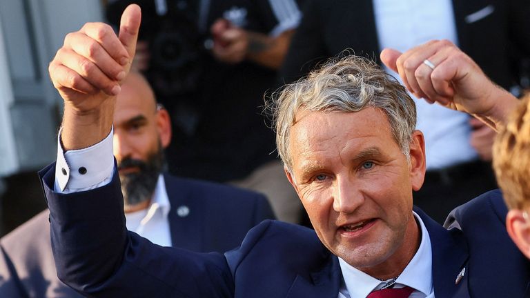 AfD leader in Thuringia Bjorn Hocke gives a thumbs up on the day of the state election. Pic: Reuters