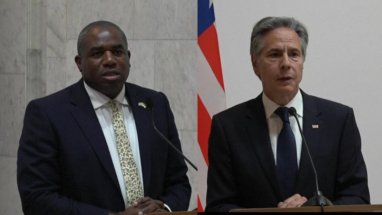 Antony Blinken, UK foreign secretary David Lammy and Ukraine’s foreign minister Andrii Sybiha speak at a press conference in Kyiv.