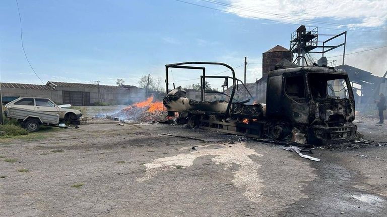 A cargo truck of the International Committee of the Red Cross, destroyed by a Russian military strike, is seen in the village of Viroliubivka, amid Russia's attack on Ukraine, near a front line in Donetsk region, Ukraine September 12, 2024. Ukrainian Presidential Press Service/Handout via REUTERS ATTENTION EDITORS - THIS IMAGE HAS BEEN SUPPLIED BY A THIRD PARTY.
