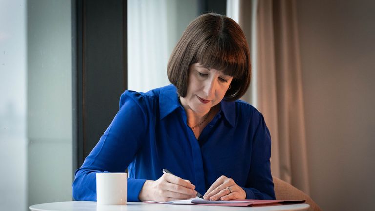 The chancellor prepares her speech in her hotel room in Liverpool before addressing conference. Pic: PA