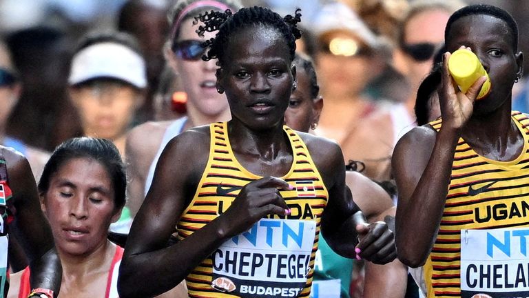 FILE PHOTO: Uganda's Rebecca Cheptegei in action during the women's marathon final at the World Athletics Championship, Budapest, Hungary - August 26, 2023, REUTERS/Dylan Martinez/File Photo