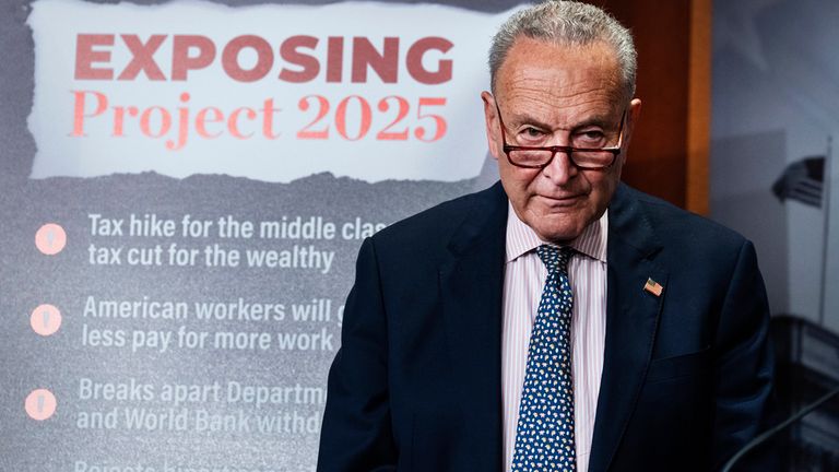 Senate Majority Leader Chuck Schumer warns about Project 2025 at a news conference in the US Capitol Building. Pic: AP