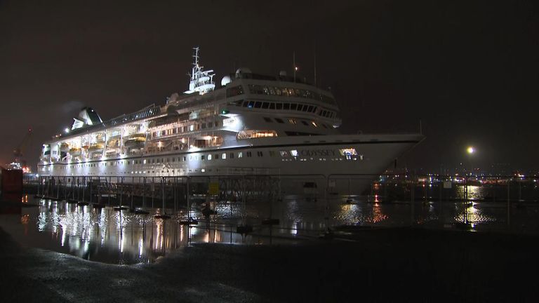 The Villa Vie Odyssey finally leaving Belfast 