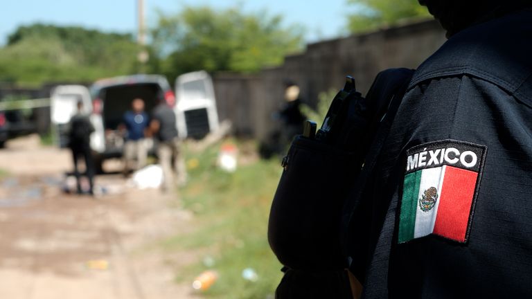 Police at a crime scene in Culiacan. Pic: Sky News