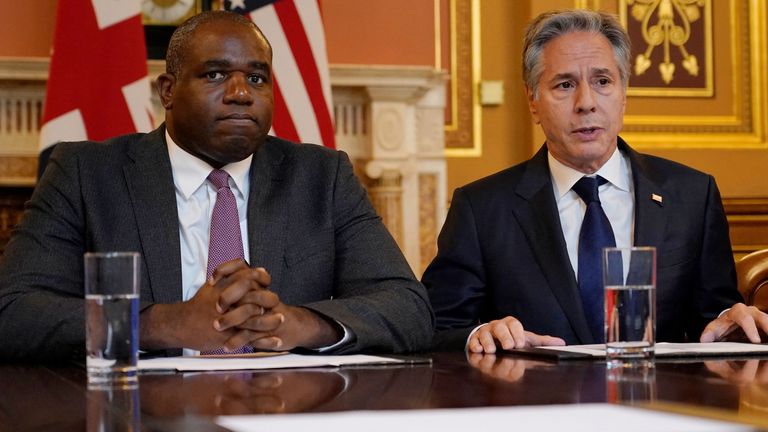Antony Blinken (R) speaks during a strategic dialogue meeting with David Lammy. Pic: Reuters