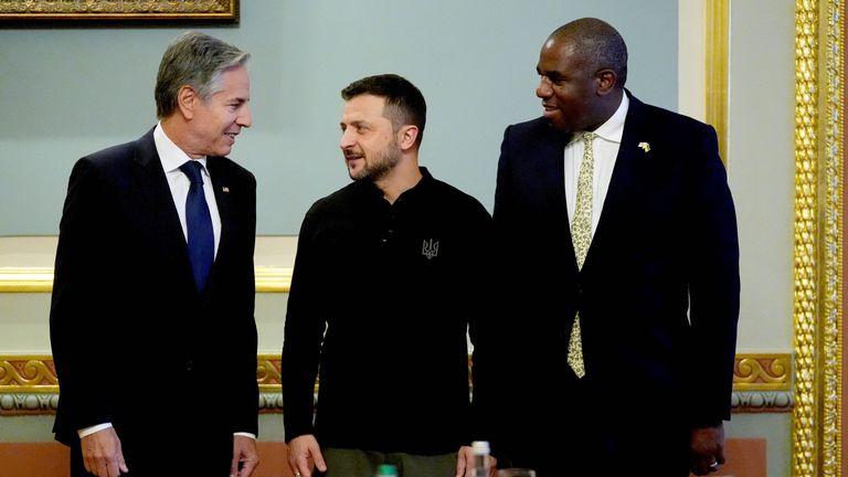 Antony Blinken and David Lammy meet with Volodymyr Zelenskyy at the Mariinsky Palace in Kyiv, Ukraine.  Pic Reuters