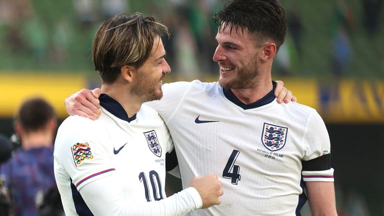 Declan Rice (R) and Jack Grealish scored England's goals. Pic: Reuters