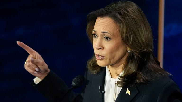 Democratic presidential nominee Vice President Kamala Harris speaks during a presidential debate with Republican presidential nominee former President Donald Trump at the National Constitution Center, Tuesday, Sept.10, 2024, in Philadelphia. (AP Photo/Alex Brandon)