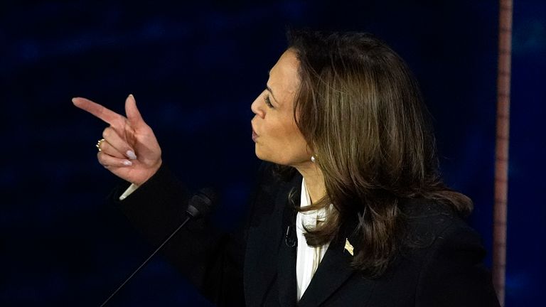 Democratic presidential nominee Vice President Kamala Harris speaks during a presidential debate with Republican presidential nominee former President Donald Trump at the National Constitution Center, Tuesday, Sept.10, 2024, in Philadelphia. (AP Photo/Alex Brandon)