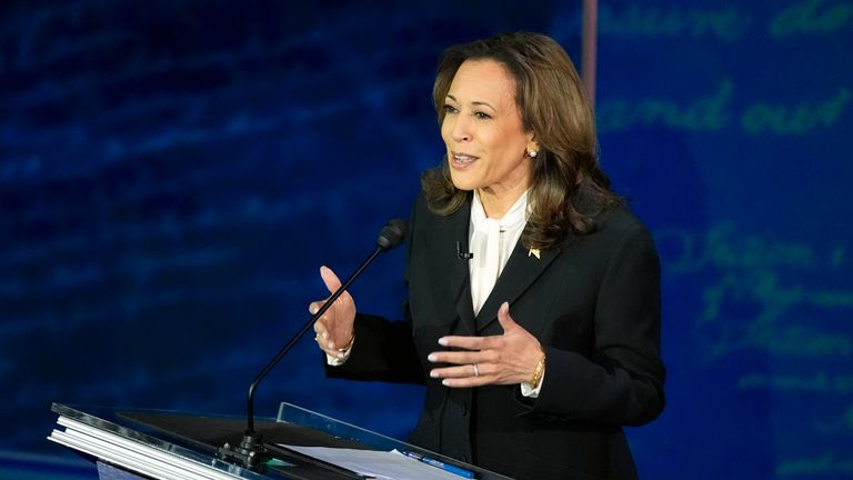 Democratic presidential nominee Vice President Kamala Harris speaks during a debate with Republican presidential nominee former President Donald Trump at the National Constitution Center, Tuesday, Sept.10, 2024, in Philadelphia. (AP Photo/Alex Brandon)