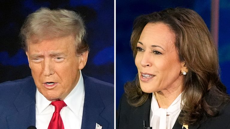 This combination of photos shows Republican presidential nominee former President Donald Trump, left, and Democratic presidential nominee Vice President Kamala Harris during an ABC News presidential debate at the National Constitution Center, Tuesday, Sept. 10, 2024, in Philadelphia. (AP Photo/Alex Brandon)