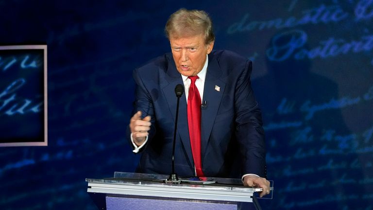 Republican presidential nominee former President Donald Trump speaks during a presidential debate with Democratic presidential nominee Vice President Kamala Harris at the National Constitution Center, Tuesday, Sept.10, 2024, in Philadelphia. (AP Photo/Alex Brandon)