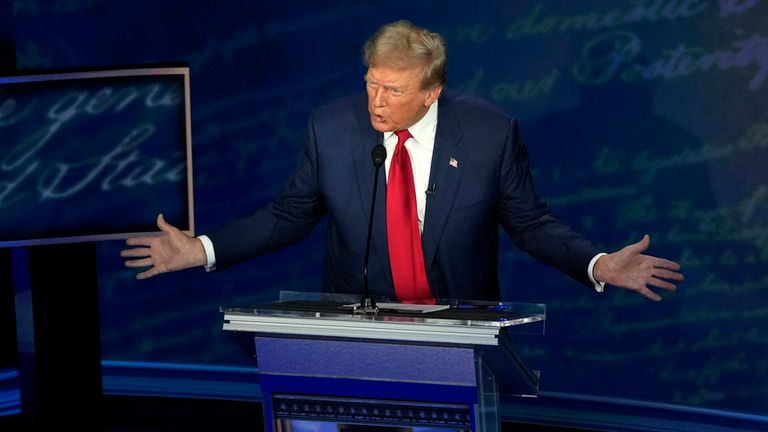 Republican presidential nominee former President Donald Trump speaks during a presidential debate with Democratic presidential nominee Vice President Kamala Harris at the National Constitution Center, Tuesday, Sept.10, 2024, in Philadelphia. (AP Photo/Alex Brandon)