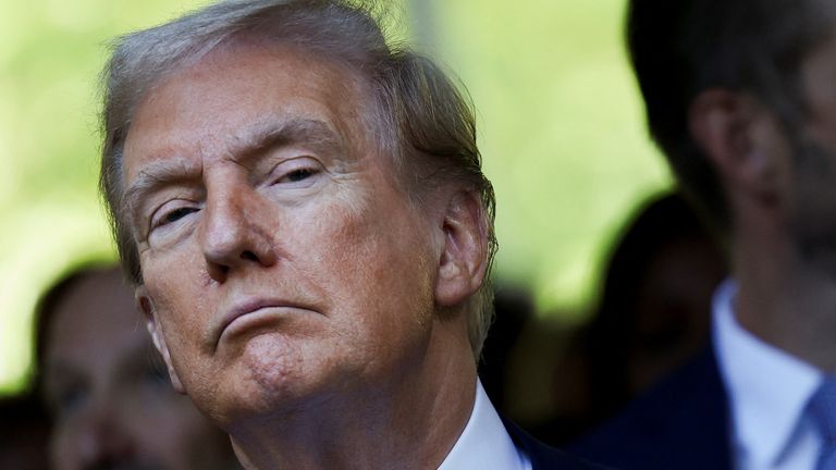 Republican presidential nominee and former U.S. President Donald Trump attends a ceremony marking the 23rd anniversary of the September 11, 2001 attacks on the World Trade Center at the 9/11 Memorial and Museum in the Manhattan borough of New York City, U.S., September 11, 2024. REUTERS/Mike Segar
