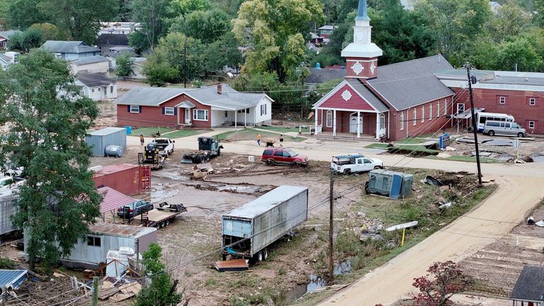 A drone view shows a damaged area, following the passing of Hurricane Helene, in Swannanoa, North Carolina, U.S., September 29, 2024. REUTERS/Marco Bello