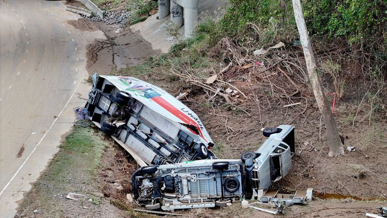 A drone view shows damaged vehicles, following the passing of Hurricane Helene, in Asheville, North Carolina, U.S., September 29, 2024. REUTERS/Marco Bello