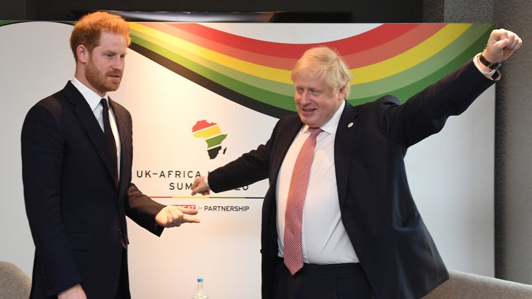 The Duke of Sussex (left) with Prime Minister Boris Johnson, as they attend the UK-Africa Investment Summit at the Intercontinental Hotel London in 2020