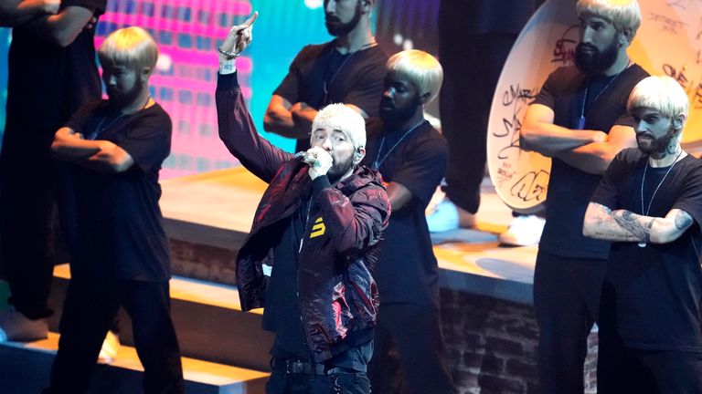 Eminem performs "Houdini" during the MTV Video Music Awards on Wednesday, Sept. 11, 2024, at the UBS Arena in Elmont, NY (Photo by Charles Sykes/Invision/AP)