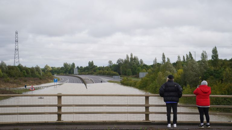 The A421 in Marston Moretaine, Bedfordshire, was closed. Pic: PA