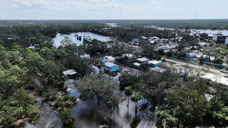 A drone view shows a flooded and damaged area after Hurricane Helene in Steinhatchee, Florida, U.S., September 27, 2024. REUTERS/Marco Bello