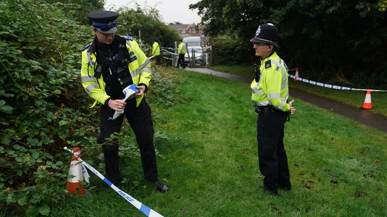 Police officers at the scene in Franklin Park, Leicester, where an 80-year-old man was assaulted on Sunday evening and later died in hospital. Leicestershire Police officers have arrested five people - a boy and a girl aged 14 and one boy and two girls aged 12 - on suspicion of murder. Picture date: Tuesday September 3, 2024. PA Photo. See PA story POLICE Franklin. Photo credit should read: Jacob King/PA Wire