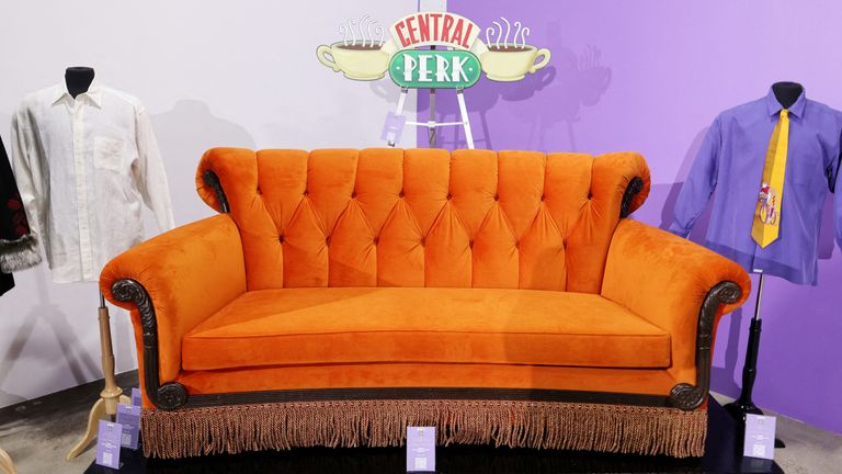 A Central Perk couch studio made reproduction is displayed as Julien's Auctions hosts Friends: "The One with the 30th Anniversary Auction", starting September 23 10am PDT, Gardena, California, U.S. September 16, 2024. REUTERS/David Swanson
