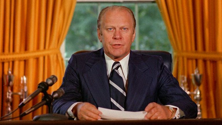 Gerald Ford pardoning Richard Nixon in 1974. Pic: AP