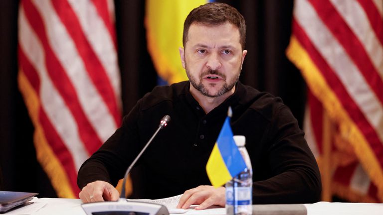 Volodymyr Zelenskyy attends a meeting of the Ukraine Defence Contact Group at the Ramstein Air Base in Germany.
Pic: Reuters