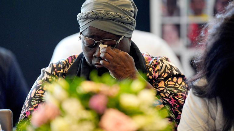 Members of a support group for the next of kin and families of some the 72 people killed in the Grenfell Tower Fire in 2017 during a press conference at Royal Lancaster.
Pic: PA