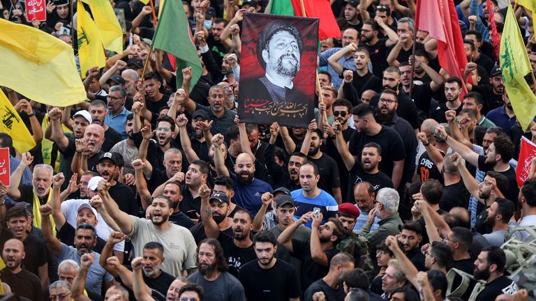 Hezbollah supporters during the funeral procession of four people killed in the pager blasts. Pic: AP