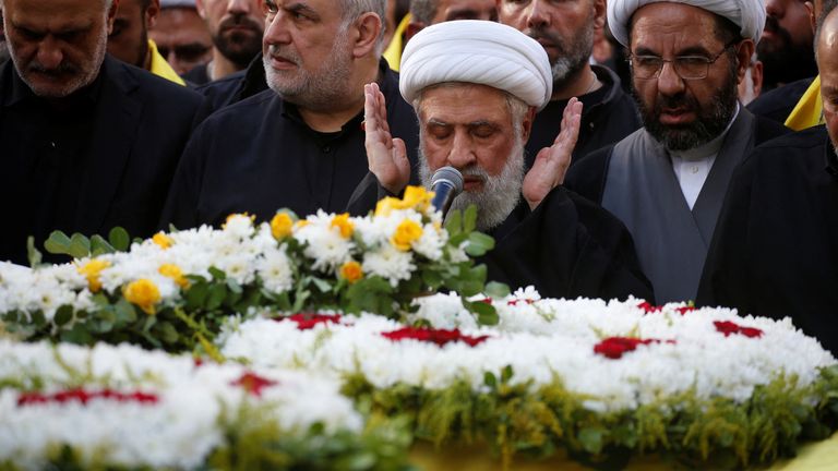 Naim Qassem led prayers at the funeral. Photo: Reuters