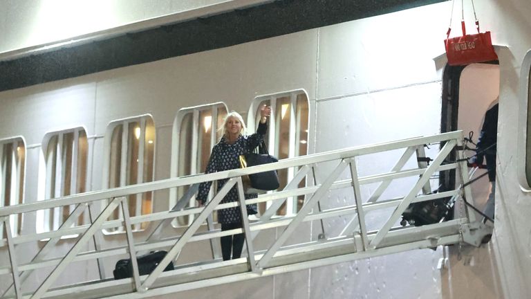 Holly Hennessey boards the Villa Vie Odyssey cruise ship at Belfast Port's Cruise Ship Terminal, after the luxury cruise ship became marooned in Belfast for four months due to unexpected repair works. Picture date: Monday September 30, 2024. PA Photo. See PA story ULSTER Cruise. Photo credit should read: Liam McBurney/PA Wire