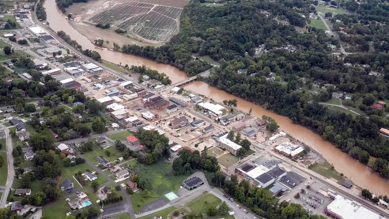 An aerial view of flood damage along the Pigeon River left by Hurricane Helene on Saturday, September 28, 2024, in Newport, Tennessee (AP Photo/George Walker IV)