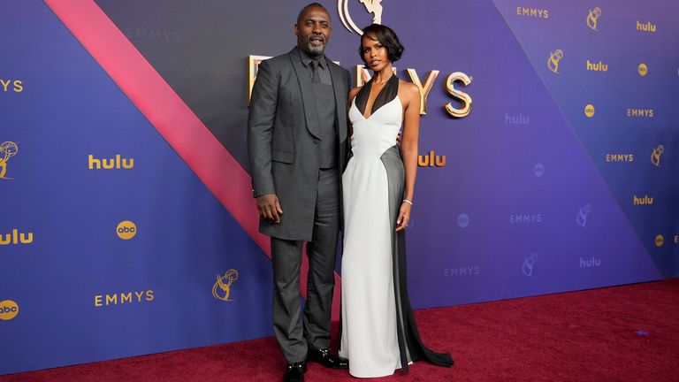 Idris Elba, left, and Sabrina Dhowre Elba arrive at the 76th Primetime Emmy Awards on Sunday, Sept. 15, 2024, at the Peacock Theater in Los Angeles. (AP Photo/Jae C. Hong)