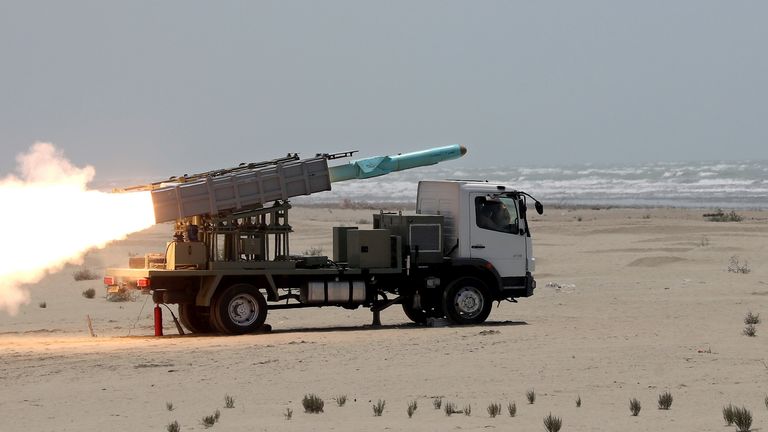 An Iranian missile is fired during war games in the northern Indian Ocean in 2020. Pic: West Asia News Agency via Reuters