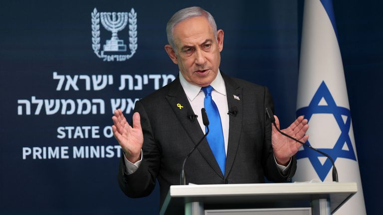 Israeli Prime Minister Benjamin Netanyahu speaks during a press conference for the international media at the Government Press office in Jerusalem, 04 September 2024. ABIR SULTAN/Pool via REUTERS