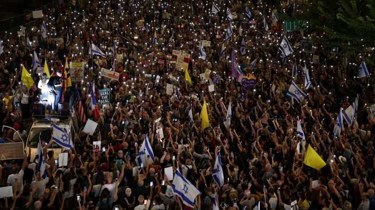 This week has seen large-scale protests against Mr Netanyahu's government for its handling of any attempts to free hostages. Pic: Reuters