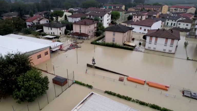 A drone view shows the flooded area of Faenza as severe weather triggers floods in Emilia-Romagna, Italy, September 19, 2024 in this screen grab obtained from a video by AGTW. AGTW/via REUTERS THIS IMAGE HAS BEEN SUPPLIED BY A THIRD PARTY. NO RESALES. NO ARCHIVES. ITALY OUT. NO COMMERCIAL OR EDITORIAL SALES IN ITALY