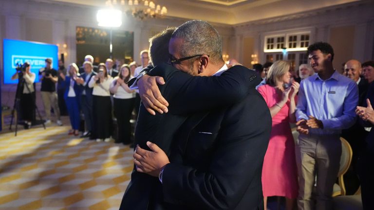 Shadow home secretary James Cleverly is hugged by former defence Secretary Grant Shapps before speaking at a Conservative Party leadership campaign event at the Old War Office in Whitehall, Westminster. Picture date: Monday September 2, 2024.
