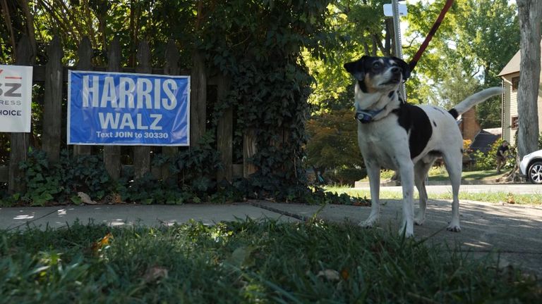 A Harris-Walz sign and a dog in Bucks County, Pennsylvania