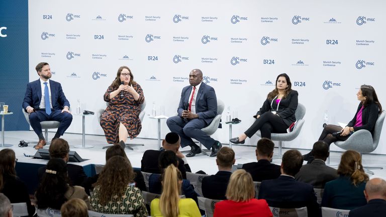 18 February 2024, Bavaria, Munich: J.D. Vance (l-r), US Senator, Ricarda Lang, Federal Chairwoman of B'ndnis 90/Die Gr'nen, David Lammy, British politician, Priyanka Chaturvedi, Indian politician and Nathalie Tocci, moderator, recorded on the last day of the 60th Munich Security Conference (MSC) at the Hotel Bayerischer Hof. Photo by: Tobias Hase/picture-alliance/dpa/AP Images