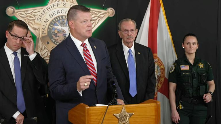 From left: FBI special agent in charge for the Miami field office Jeffrey B Veltri; acting director Ronald Rowe Jr of the United States Secret Service (USSS); Palm Beach County Sheriff Ric Bradshaw - speaking at a news conference on 16/09/2024 updating reporters on an alleged assassination attempt on Donald Trump. Screengrab from NBC feed, no credit required