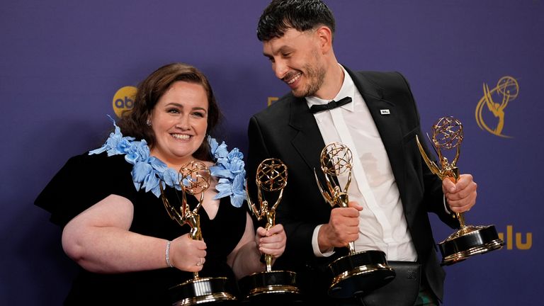 Baby Reindeer stars Jessica Gunning and Richard Gadd with their Emmy Awards. Photo: AP/Jae C Hong